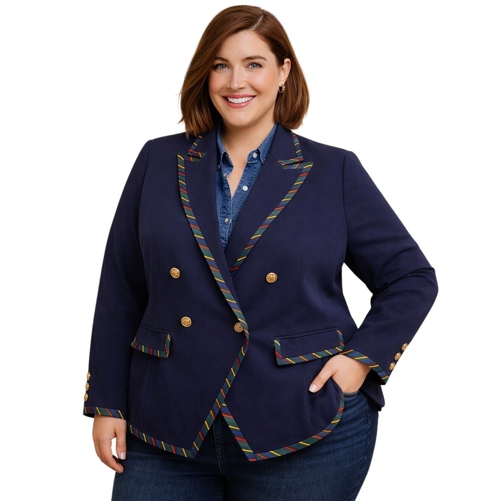 Talbots Ribbon‎ Trim Blazer Plus Size 20WP Navy Preppy Old Money Office Career